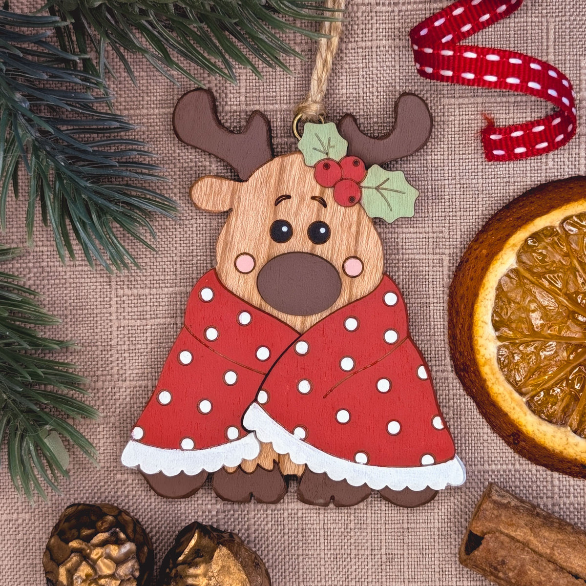 Reindeer in blanket hanging decoration