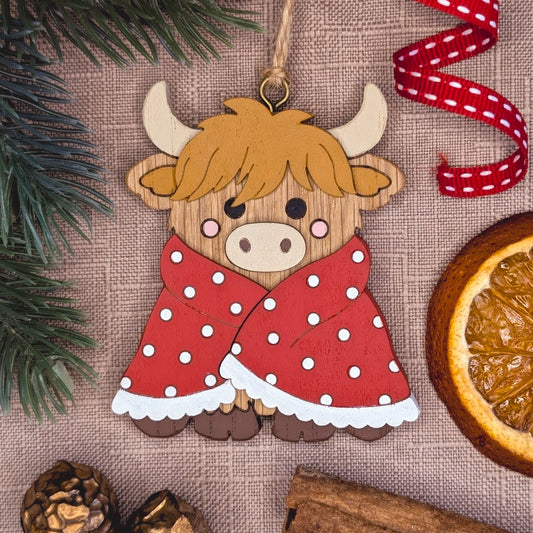 Highland cow in blanket hanging decoration