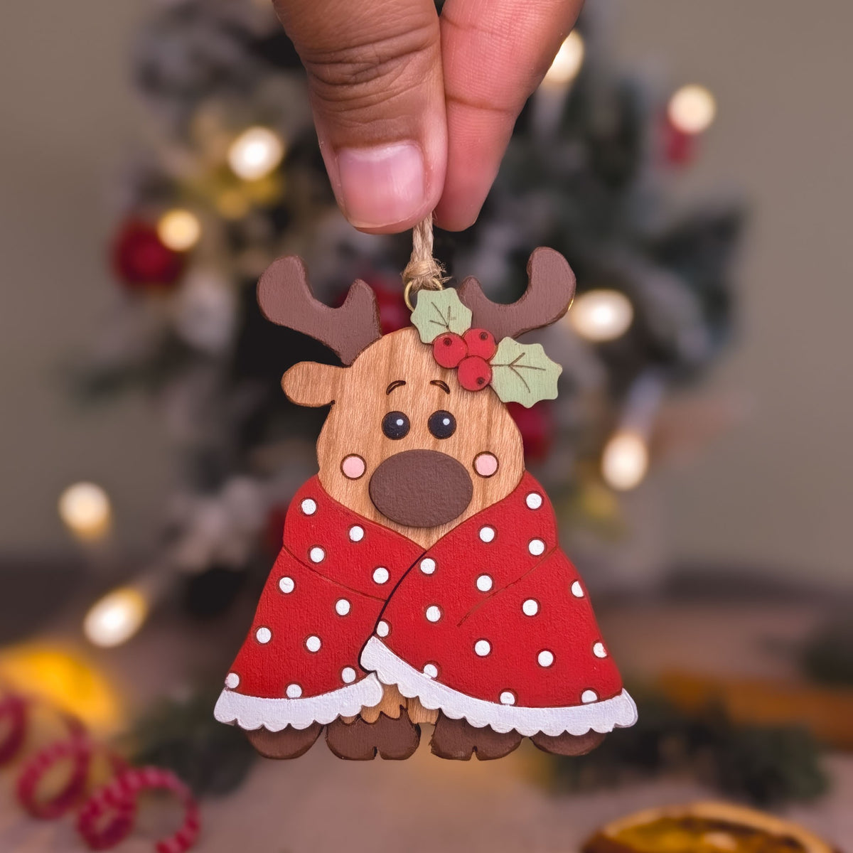Reindeer in blanket hanging decoration