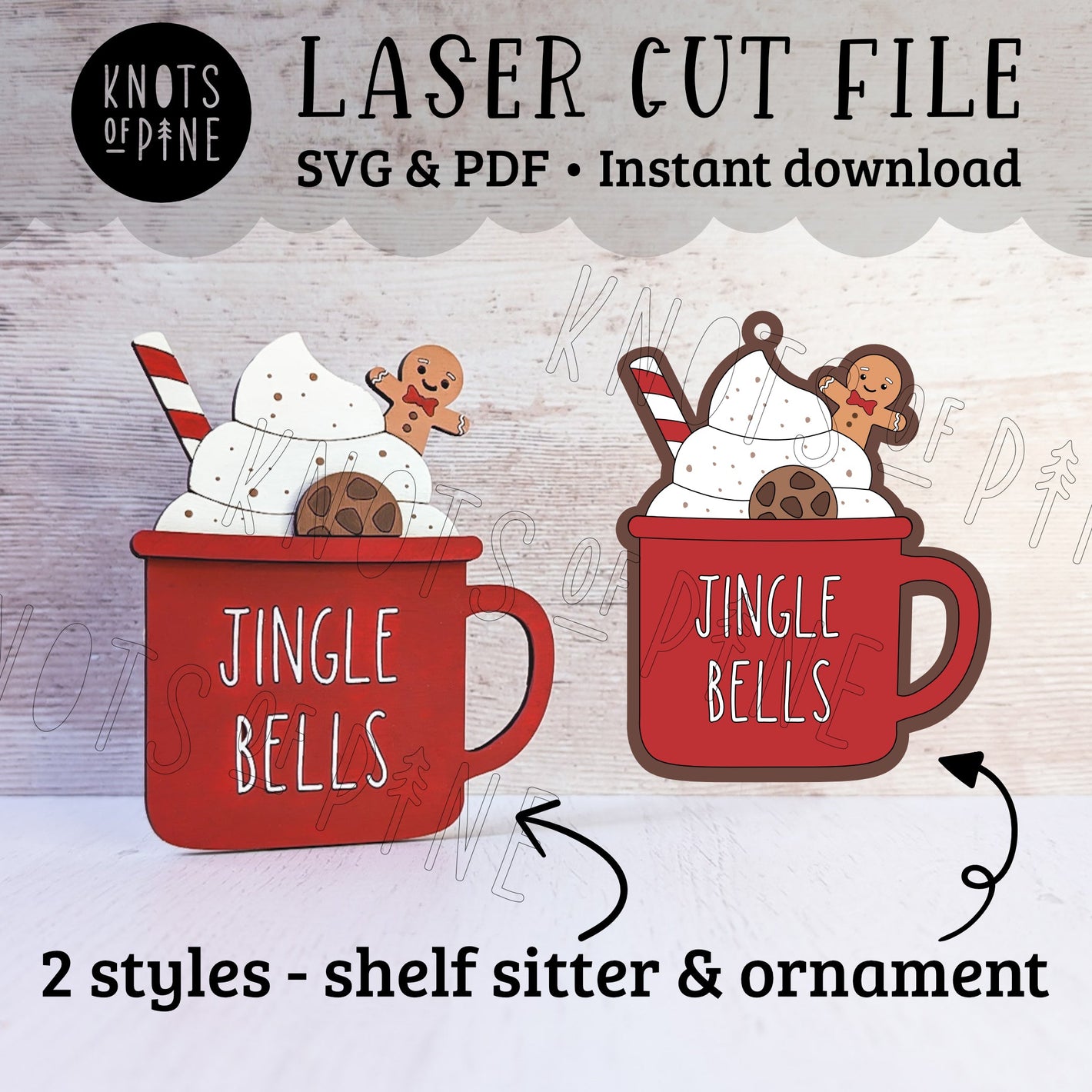 Two red mugs with hot chocolate and gingerbread men, labeled 'Jingle Bells', on a wooden background.