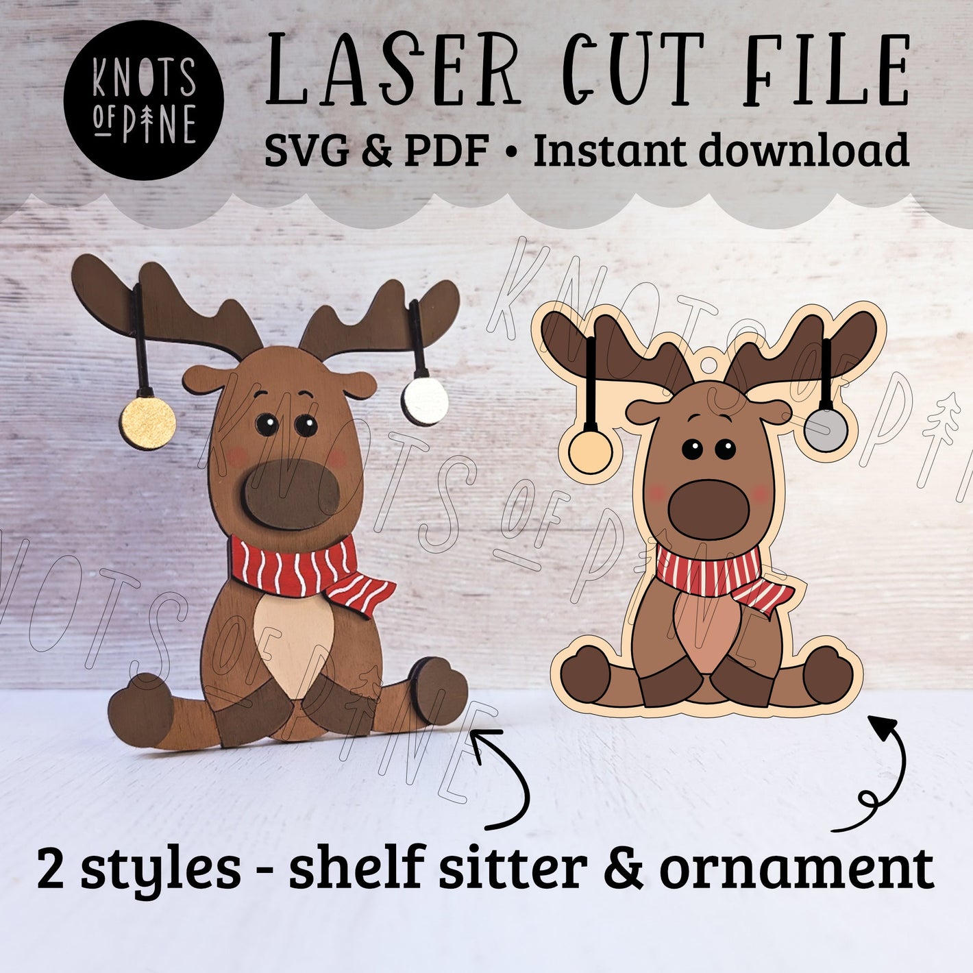 Two laser cut reindeer designs with text about SVG and PDF files on a light background.
